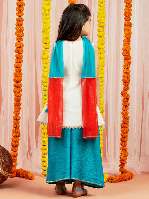 Girl's' White And Blue Kurta Plazoo And Dupatta Set